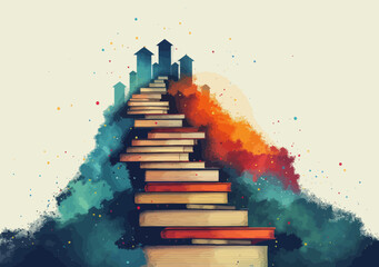 Stairway to Knowledge with Books Leading to Houses Artistic Illustration Symbolizing Education and Learning