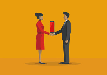 Businesspeople Engaging in Online Communication Shaking Hands Through Smartphone, Professional Networking and Virtual Interaction Concept Illustration