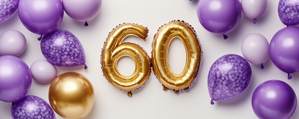 Golden 60th Birthday Celebration with Purple and Gold Balloons on White Background