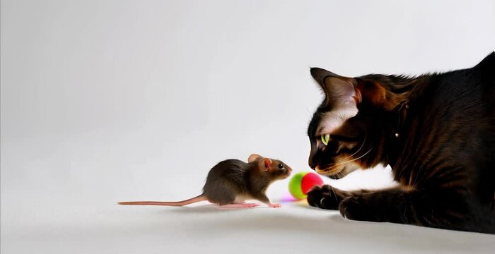cat and mouse on white background, copy space
