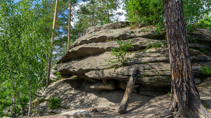Small Devils rock, Devil's Hillfort complex on sunny summer day. Iset Park, Iset village, Sverdlovsk region, Russia. Hiking. Pine trees on rock