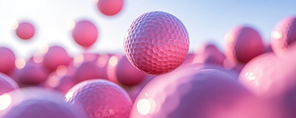Fototapeta premium Pink Golf Balls in Mid-Air Against a Clear Blue Sky with a Soft Focus Background