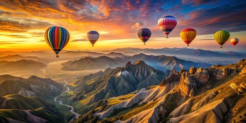 Naklejka premium Aerial View of Hot Air Balloons Soaring Over Majestic Mountains at Sunset, hot air balloon, landscape