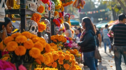 Naklejka premium Vibrant Día de los Muertos Marketplace with Colorful Sugar Skulls and Marigold Decorations