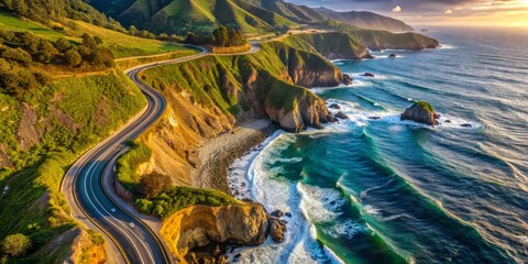 Obraz premium Aerial View of Winding Coastal Road with Dramatic Waves at Sunset, California Coast, coastline, scenic drive