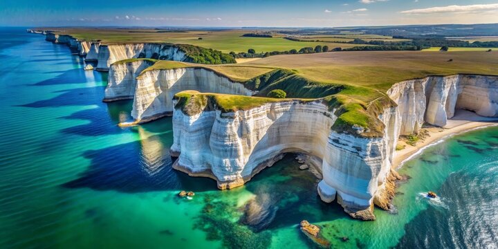 Aerial View of White Chalk Cliffs and Turquoise Water, coastline, cliffs