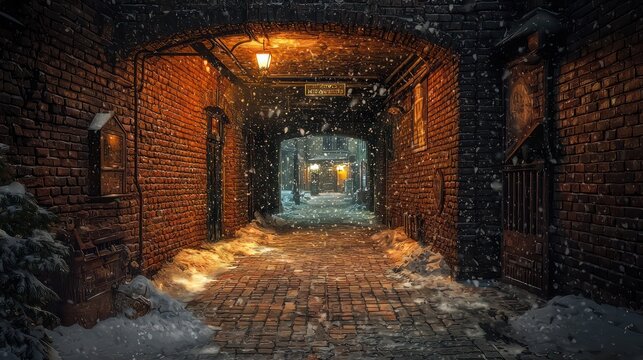A brick-lined underground speakeasy in a snowy city, its entrance hidden beneath a nondescript doorway, offering a warm and cozy escape with a hint of historical intrigue