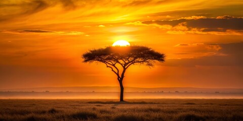 Breathtaking Sunset Over Savanna Vibrant Orange Sky with Wispy Clouds, Silhouette of Acacia Tree, Tall Grass in Foreground, Dramatic Lighting for a Serene Atmosphere