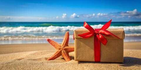 Naklejka premium Cheerful Beach Gift Brown Paper Box with Red Ribbon and Orange Starfish, Offset in Foreground Against Blurred Waves and Blue Sky, Evokes Joy and Celebration in a Tranquil Setting