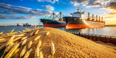 Close-Up of Golden-Brown Wheat Grain Pile with Cargo Ship in Background, Vibrant Blue Sky and Clouds, Symbolizing Abundance, Agriculture, and Trade in Global Economy