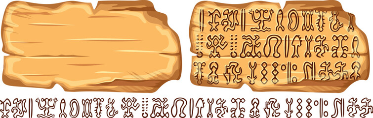 Undeciphered gryph Rongorongo on Easter island  or Rapa Nui. Isolated vector cartoon wooden panel. Undeciphered captions ancient peoples. Signboard with old texts. Gui elements for computer and board 
