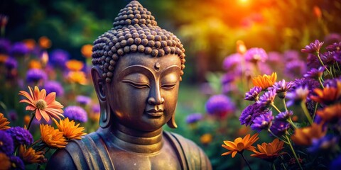 Close-Up of Serene Buddha Statue Amidst Vibrant Floral Arrangement, Dark Bronze Details with Golden Garden Glow, Symbolizing Tranquility and the Beauty of the Cycle of Life