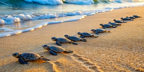 Diagonal Line of Baby Sea Turtles Crawling Across Golden Sand to Soft Blue Ocean, Symbolizing Hope and New Beginnings with Serene Composition and Movement in Nature