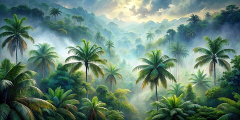Enchanting Wide Shot of a Lush Rainforest with Dominant Palm Trees Under Ethereal Fog; Soft Sunrise Light Enhances Vivid Green Foliage, Creating a Serene, Tranquil Atmosphere
