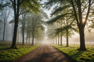 Fototapeta premium Fog in the nature park, morning beautiful light