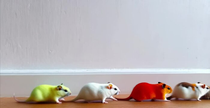 funny group of multicoloured hamsters mici go one after another like a locomotive with carriages, on a white background, copy space