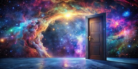 Gateway to the Infinite Dark Wooden Door Reveals Enchanting Starlit Night Sky, Nebulae, Bright Sun, and Ethereal Glow
