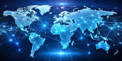 Fototapeta premium Global Connectivity Grid Symmetrical World Map with Glowing Blue Lines Illustrating Technological Interconnectedness and Globalization in Shades of Calm Blue