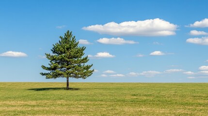 Obraz premium A lone pine tree rises from a lush green field, surrounded by a clear blue sky filled with fluffy white clouds, creating a serene and peaceful atmosphere