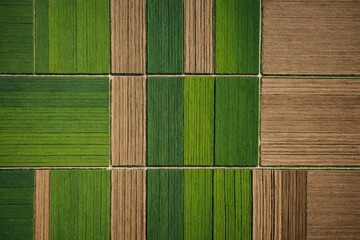 Top view of agricultural fields showing the intersection of different planting techniques, creating a mosaic of green and brown stripes