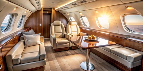 Luxurious Private Jet Interior Angled View Showcasing Opulent Cream Leather Seats, Dark Wood Paneling, Gleaming Chrome Table, and Elegant Golden Accents Bathed in Natural Light