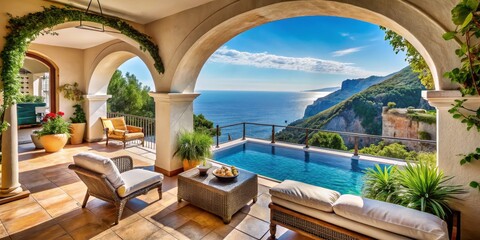 Obraz premium Luxurious Patio Oasis Centered Archway Framing Stunning Ocean View, Plush Wicker Furnishings, Sparkling Pool, Terracotta Tiles, Verdant Cliffs and Serene Blue Waters in Warm,