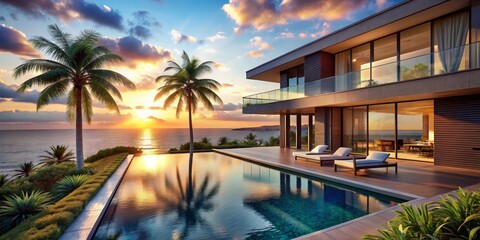 Fototapeta premium Luxurious modern villa on a cliff at sunset, featuring contemporary design, a reflective swimming pool, palm trees framing the horizon, and vibrant sky colors, creating a serene
