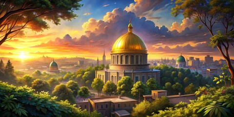 Obraz premium Majestic Cathedral at Sunset Golden-Domed Masterpiece Surrounded by Vibrant Skies and Lush Greenery, Emphasizing Grandeur Against the City Skylines Warm Hues