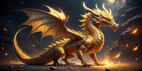 Majestic Golden Dragon in Dynamic Pose, Intricate Scales and Extended Wings Create Power and Grandeur, Set Against Dark Rocky Terrain with Sparks of Fire, Evoking Awe and Wonder