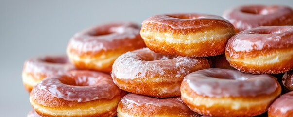 A delicious stack of fresh glazed donuts, showcasing their golden texture and enticing sweetness, perfect for any dessert lover.