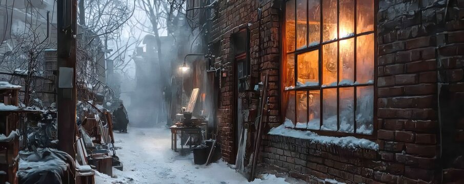 A brick artist studio tucked away in a snowy alley, the warm glow of creativity visible through fogged-up windows, attracting those interested in observing art in the making despite the cold