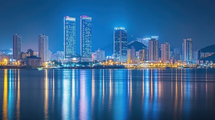 Naklejka premium Xiamen Skyline at Night. Cityscape with Skyscrapers and Urban Architecture