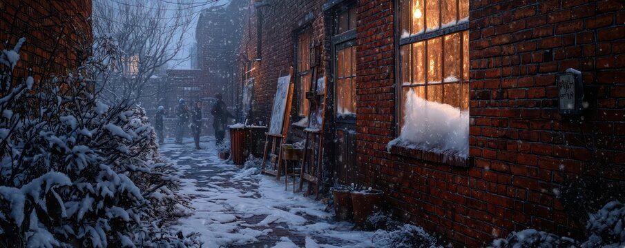 A brick artist studio tucked away in a snowy alley, the warm glow of creativity visible through fogged-up windows, attracting those interested in observing art in the making despite the cold