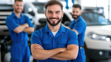 Three mechanics stand proudly together in an auto repair shop, showcasing their teamwork and expertise while surrounded by vehicles in the background