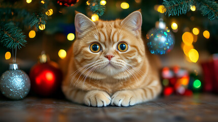 A curious cat gazes from beneath a decorated Christmas tree filled with colorful ornaments