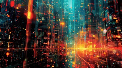 Fototapeta premium Abstract city skyline with glowing lights and vibrant colors. Digital art depicting a futuristic cityscape.