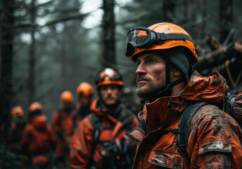 Forest rescue team gearing up for challenge. A dedicated forest rescue team in orange gear stands ready amidst the trees, focused on their upcoming challenging task in the rain.