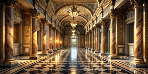 Obraz premium Ornate Grand Hallway with Intricately Carved Marble Columns and Gold Accents, Featuring Polished Black and White Checkered Floor, Decorative Ceiling, and Inviting Natural Light