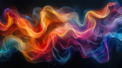 Abstract colorful smoke waves flowing on black background.