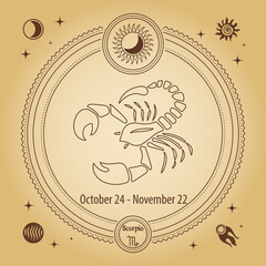 Scorpio zodiac sign, astrological horoscope sign. Outline drawing in a decorative circle with mystical astronomical symbols. Vector