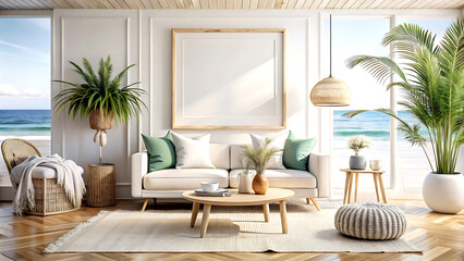 Obraz premium Frame mockup in living room interior background, Coastal boho style, 3D render, white Mock up frame