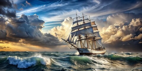 Obraz premium Sailing Ship Braving Stormy Seas with Dramatic Clouds, nautical , seascape