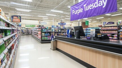 Empty supermarket checkout lanes with signage