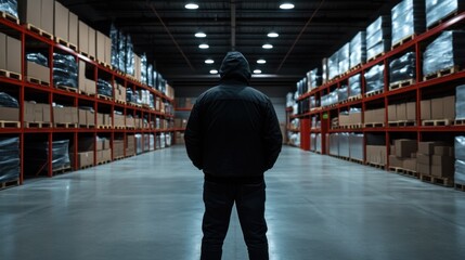 A lone individual in a dark hooded jacket faces the aisles of shelves filled with goods in a silent warehouse during nighttime. The stark lighting highlights the organized space