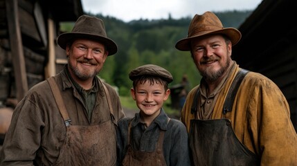 Fototapeta premium Three men and a boy stand closely together, all wearing hats and work aprons, sharing warm smiles amidst a scenic rural backdrop under clear skies