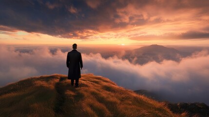 As the sun sets, a solitary person gazes at the horizon from a grassy hilltop, immersed in stunning colors and drifting clouds that paint the evening sky
