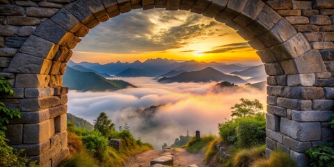 Stone Archway Reveals Sunrise Over Foggy Mountains, Landscape , Nature