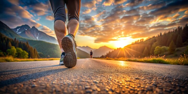 Stride of Hope Person's Foot in Running Shoe on Paved Road at Sunset, Symbolizing Journey Towards Optimistic Future