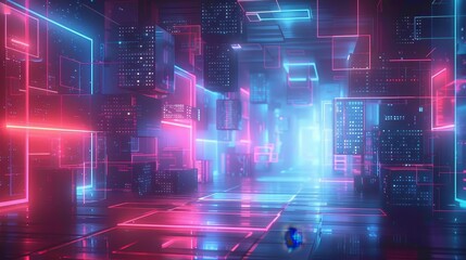 Abstract futuristic city with glowing neon lights. A vibrant and colorful digital space.