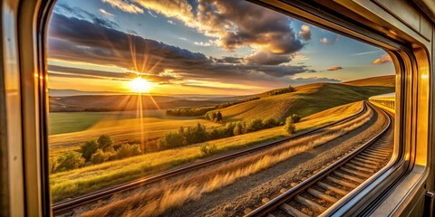 Sunset Journey Through the Train Window Curving Tracks Lead to Distant Hills, Framed by Warm Colors and Golden Rays, Mixing Blue and Orange Sky with a Cozy Adventure Feel